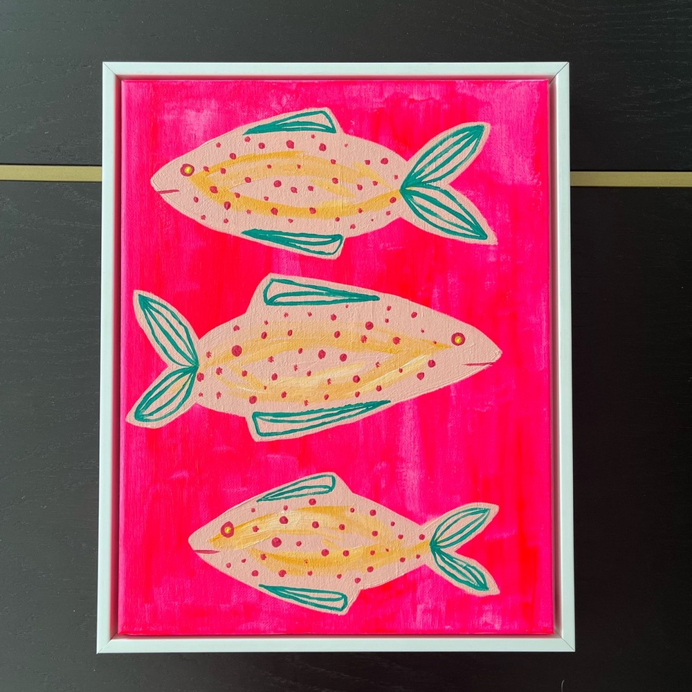 Original Hand Painted Pink Fish Canvas Art 11x14 Modern Aquatic Painting